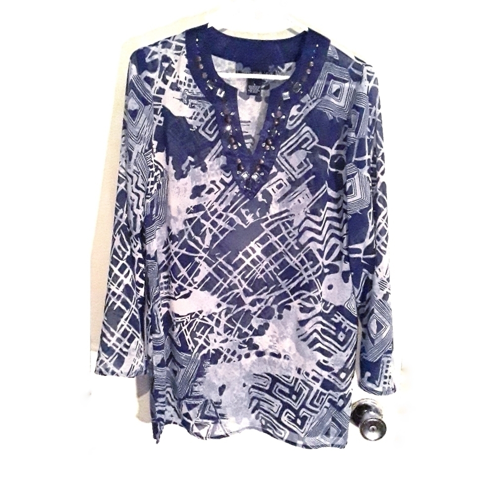 Susan Graver Style Sheer Blue & White Blouse